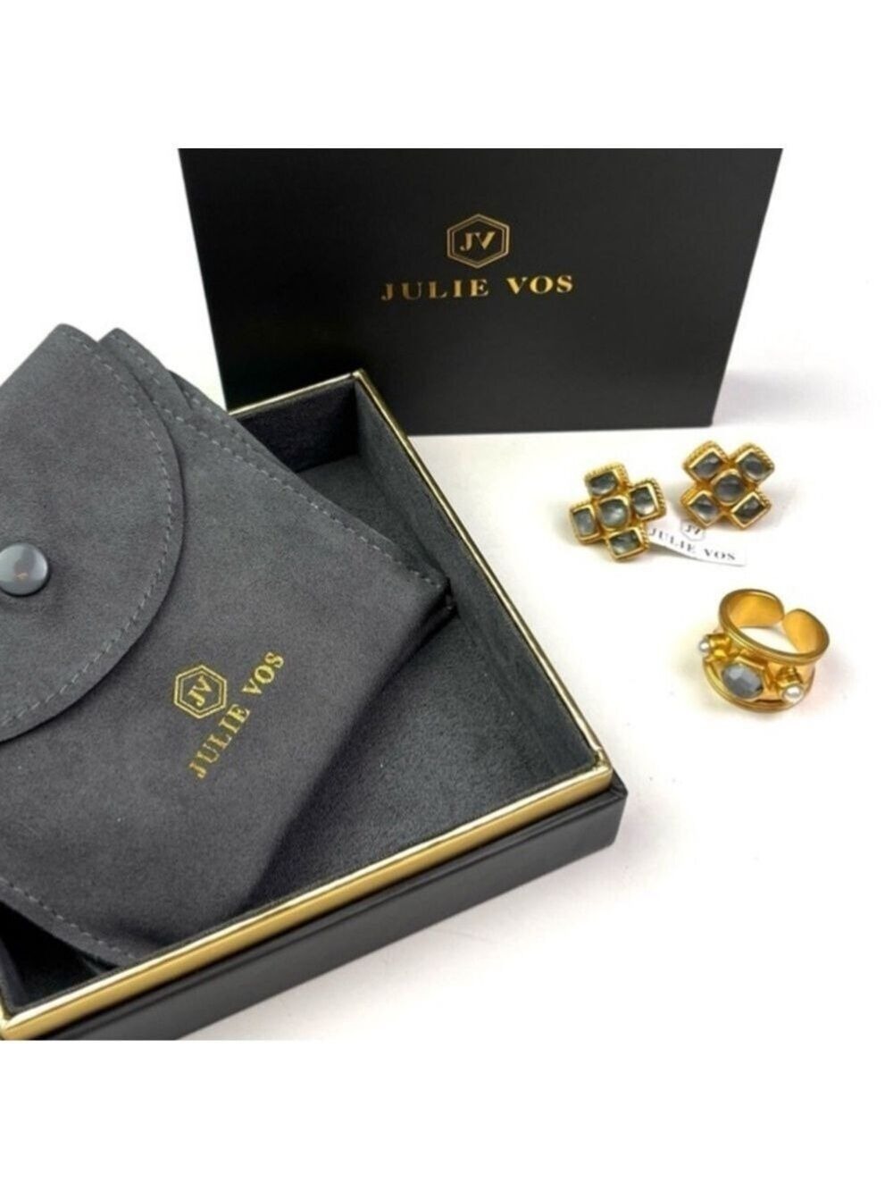 New Julie Vos 24k Overlay Chunky Ring and Earring set size 8